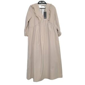 Nasty Gal Poplin Frill Yolk Midi Dress Prairie SZ 2 Tan Shift Ruffle